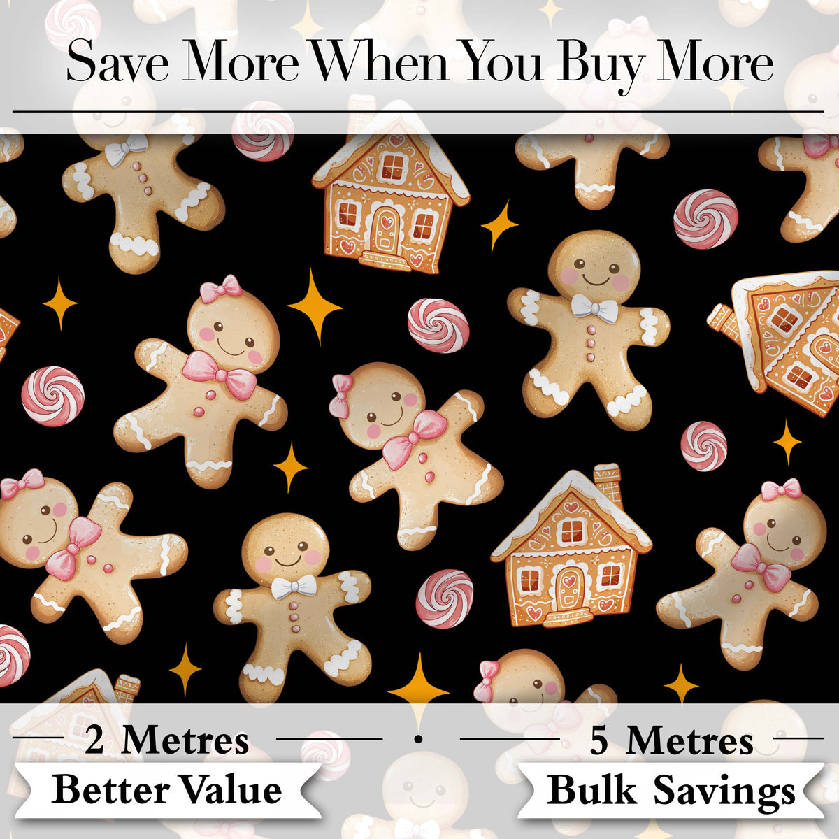 Cute Gingerbread Cookies Candy House Black Seamless Pattern Digital Print Fabric by the Metre UK Sewing Quilting Textile