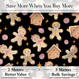 Cute Gingerbread Cookies Candy House Black Seamless Pattern Digital Print Fabric by the Metre UK Sewing Quilting Textile