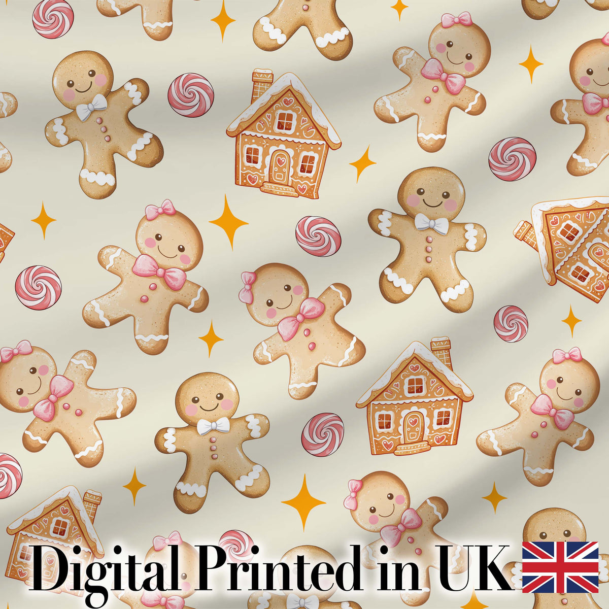 Cute Gingerbread Cookies Candy House Cream Background Seamless Pattern Digital Print Fabric by the Metre UK Sewing Quilting Textile