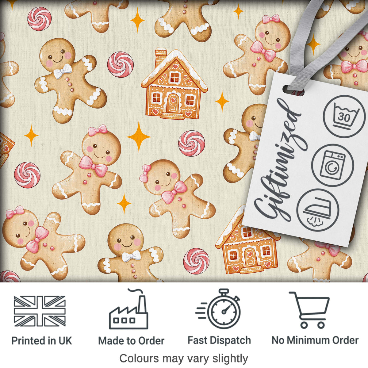 Cute Gingerbread Cookies Candy House Cream Background Seamless Pattern Digital Print Fabric by the Metre UK Sewing Quilting Textile