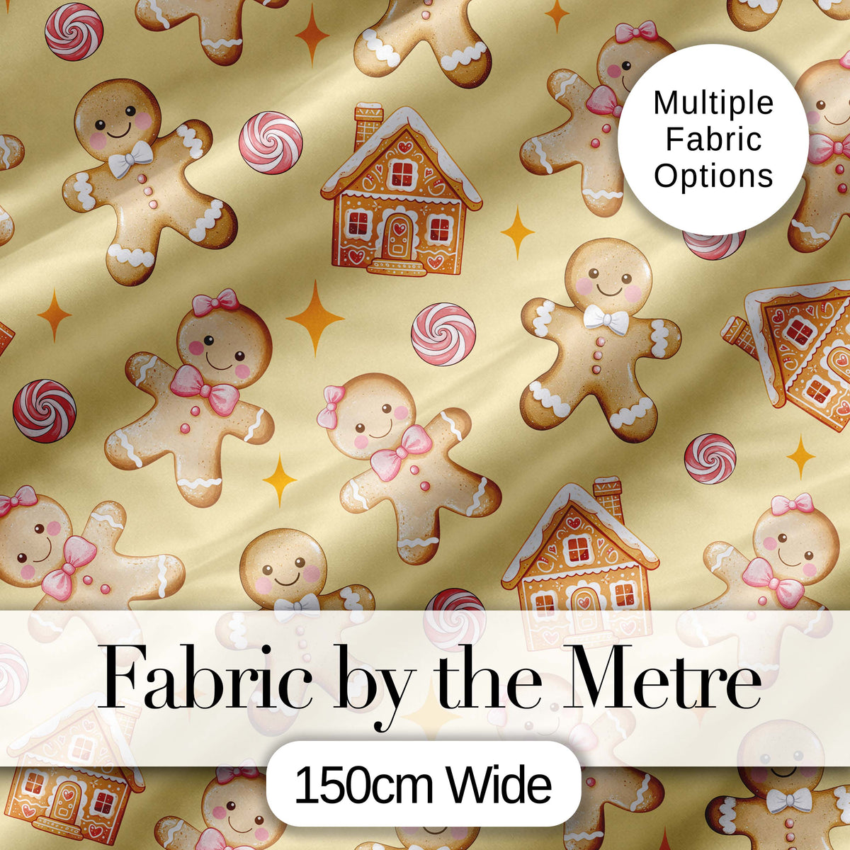 Cute Gingerbread Cookies Candy House Beige Background Seamless Pattern Digital Print Fabric by the Metre UK Sewing Quilting Textile