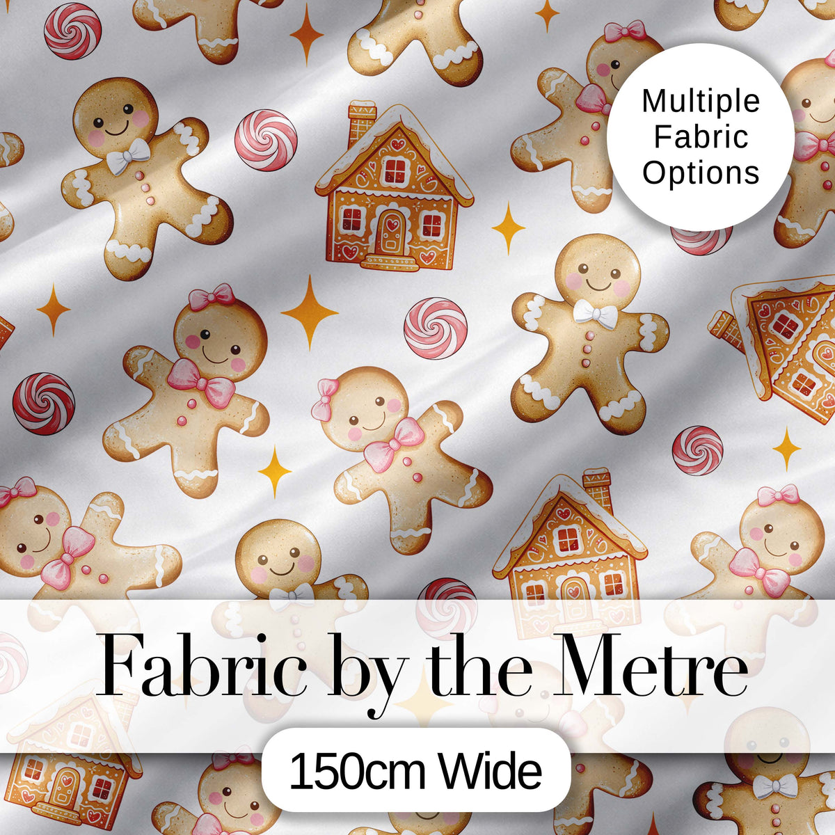 Cute Gingerbread Cookies Candy House Light Grey Background Seamless Pattern Digital Print Fabric by the Metre UK Sewing Quilting Textile