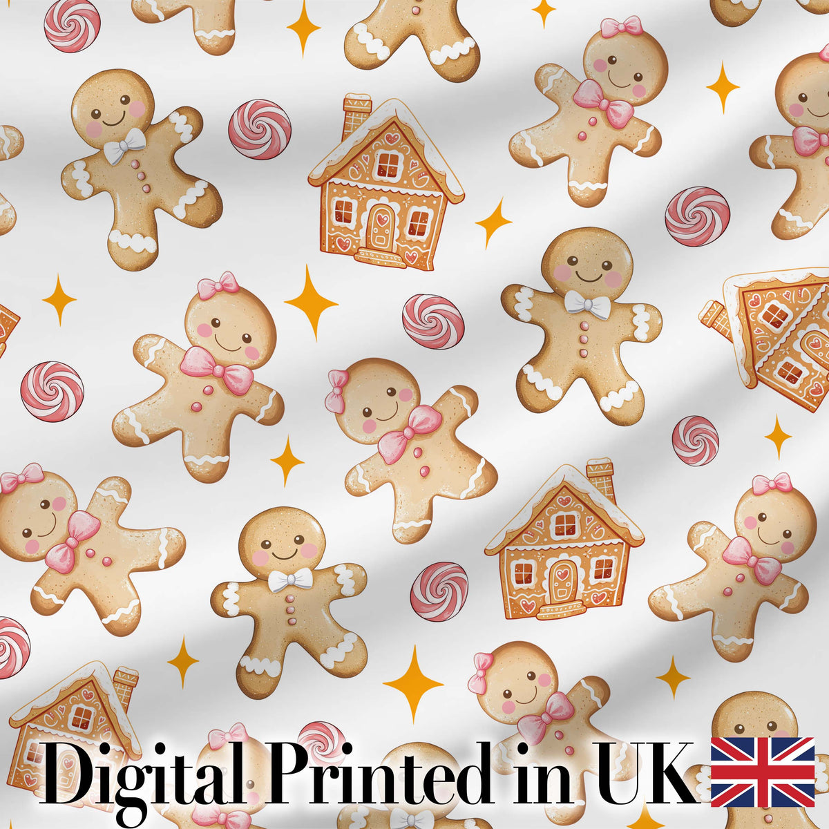 Cute Gingerbread Cookies Candy House Light Grey Background Seamless Pattern Digital Print Fabric by the Metre UK Sewing Quilting Textile