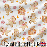 Cute Gingerbread Cookies Candy House Light Grey Background Seamless Pattern Digital Print Fabric by the Metre UK Sewing Quilting Textile