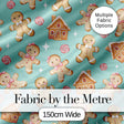 Cute Gingerbread Cookies Candy House Teal Background Seamless Pattern Digital Print Fabric by the Metre UK Sewing Quilting Textile