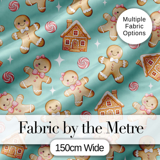 Cute Gingerbread Cookies Candy House Teal Background Seamless Pattern Digital Print Fabric by the Metre UK Sewing Quilting Textile