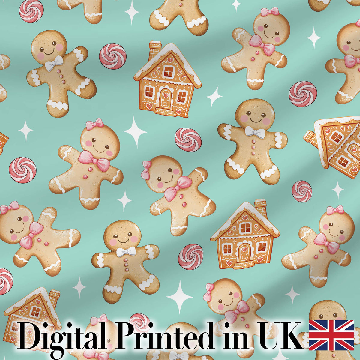 Cute Gingerbread Cookies Candy House Teal Background Seamless Pattern Digital Print Fabric by the Metre UK Sewing Quilting Textile