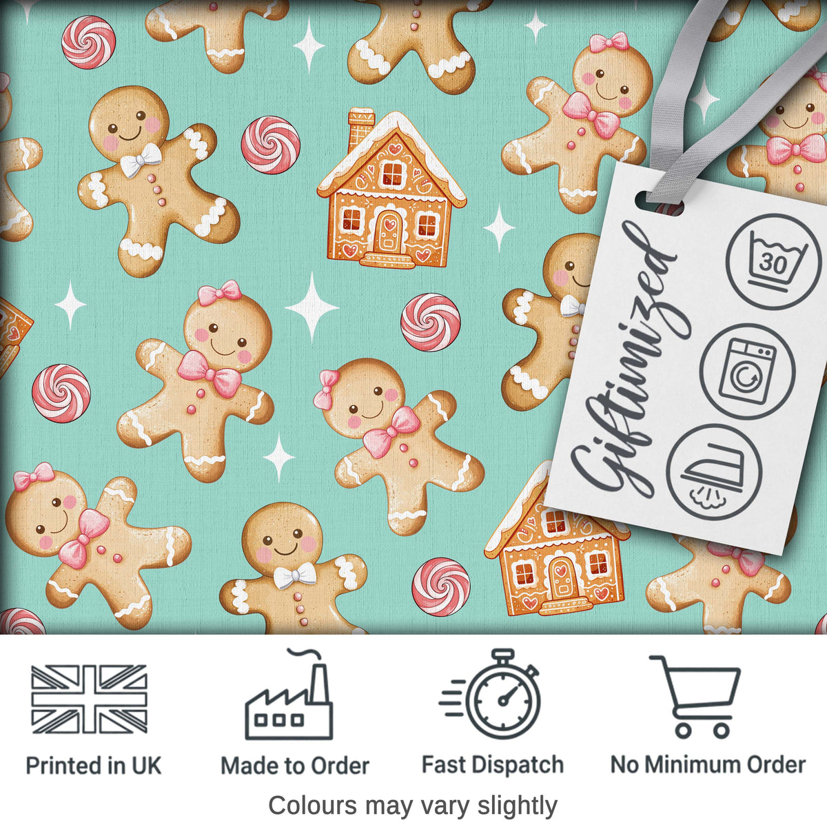 Cute Gingerbread Cookies Candy House Teal Background Seamless Pattern Digital Print Fabric by the Metre UK Sewing Quilting Textile