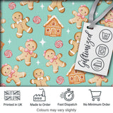 Cute Gingerbread Cookies Candy House Teal Background Seamless Pattern Digital Print Fabric by the Metre UK Sewing Quilting Textile