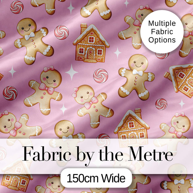 Cute Gingerbread Cookies Candy House Pastel Pink Background Seamless Pattern Digital Print Fabric by the Metre UK Sewing Quilting Textile