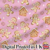 Cute Gingerbread Cookies Candy House Pastel Pink Background Seamless Pattern Digital Print Fabric by the Metre UK Sewing Quilting Textile