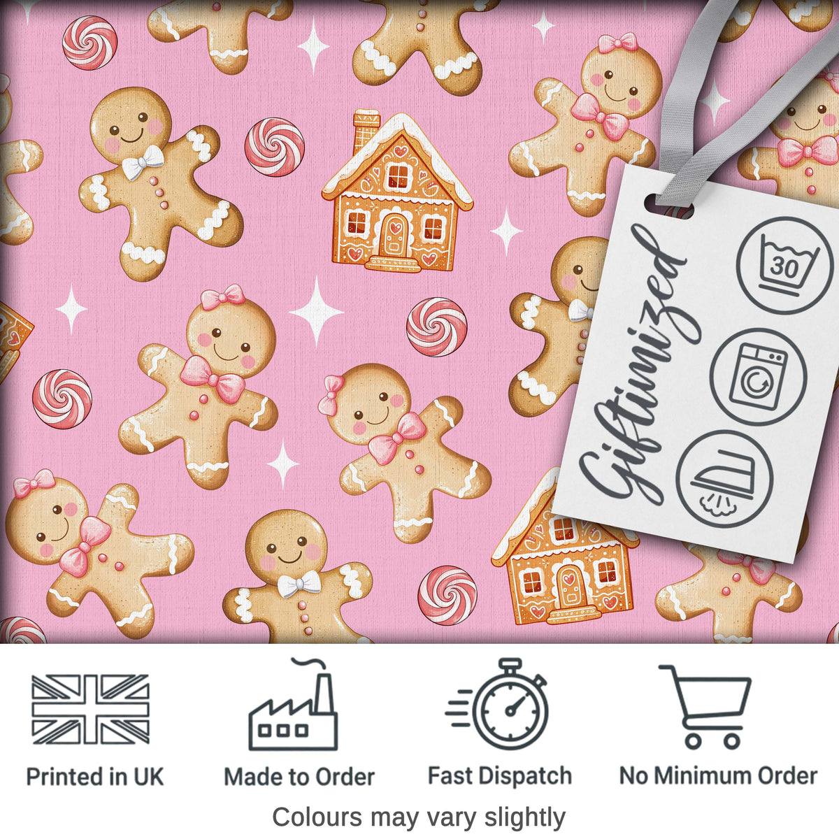 Cute Gingerbread Cookies Candy House Pastel Pink Background Seamless Pattern Digital Print Fabric by the Metre UK Sewing Quilting Textile