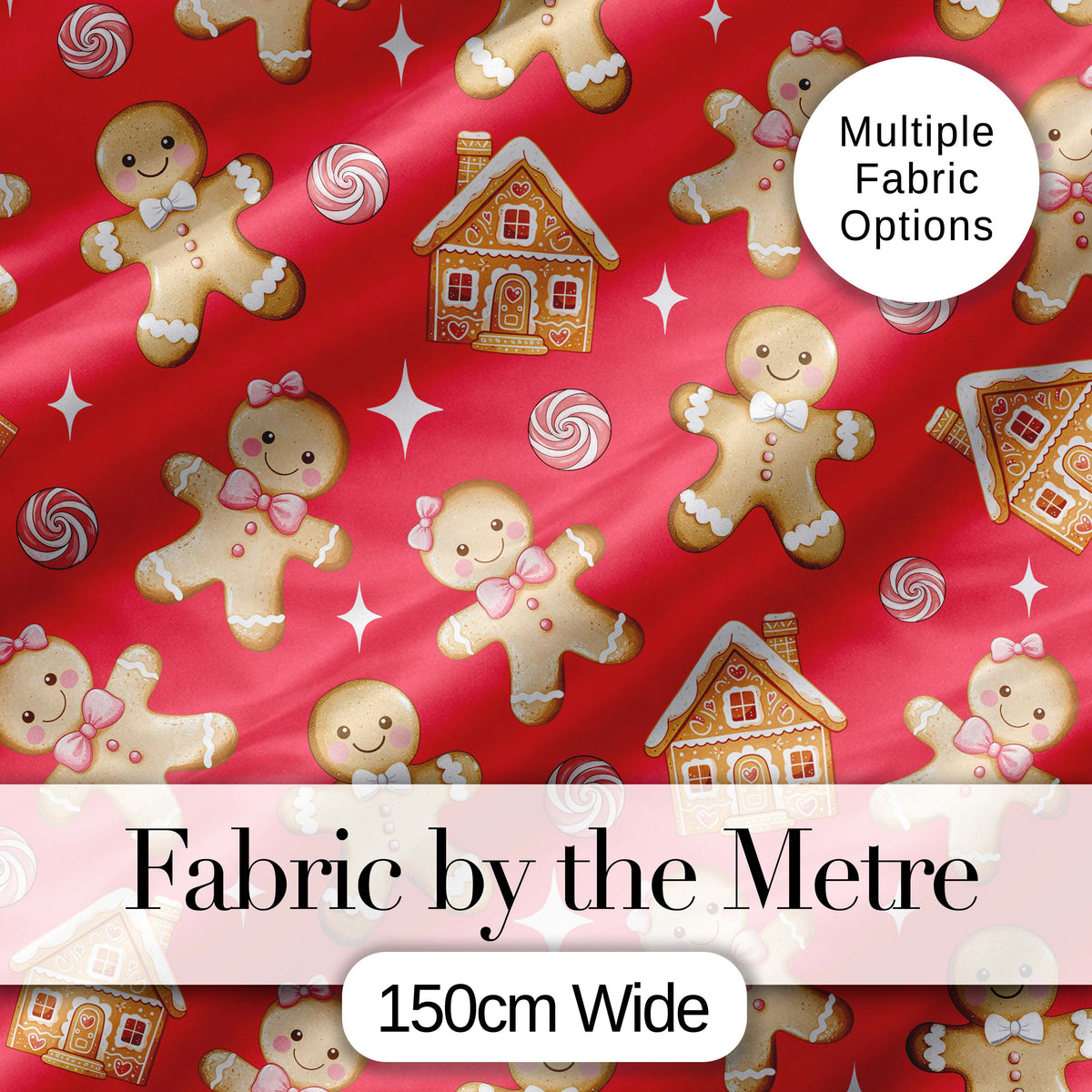 Cute Gingerbread Cookies Candy House Red Background Seamless Pattern Digital Print Fabric by the Metre UK Sewing Quilting Textile