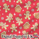 Cute Gingerbread Cookies Candy House Red Background Seamless Pattern Digital Print Fabric by the Metre UK Sewing Quilting Textile