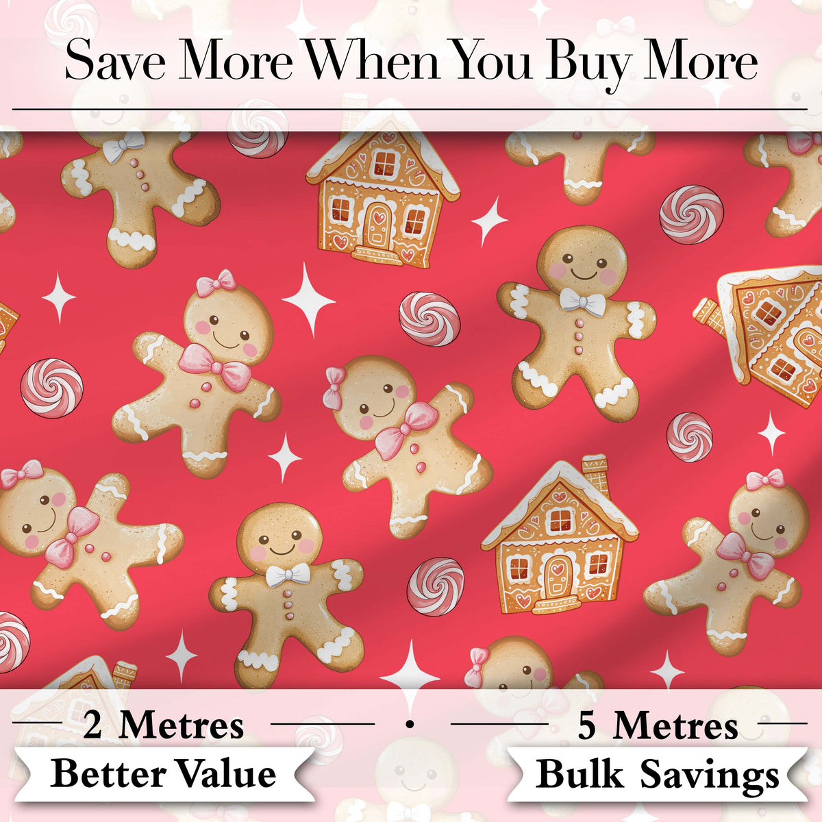 Cute Gingerbread Cookies Candy House Red Background Seamless Pattern Digital Print Fabric by the Metre UK Sewing Quilting Textile