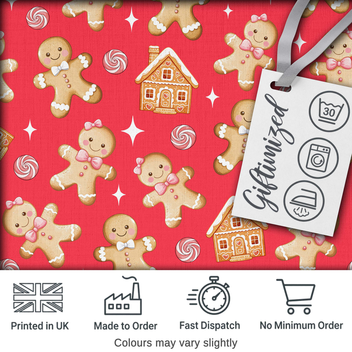 Cute Gingerbread Cookies Candy House Red Background Seamless Pattern Digital Print Fabric by the Metre UK Sewing Quilting Textile