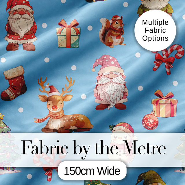 Cute Christmas Gnome Reindeer Snowman Gift Blue Background Seamless Pattern Digital Print Fabric by the Metre UK Sewing Quilting Textile