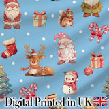 Cute Christmas Gnome Reindeer Snowman Gift Blue Background Seamless Pattern Digital Print Fabric by the Metre UK Sewing Quilting Textile