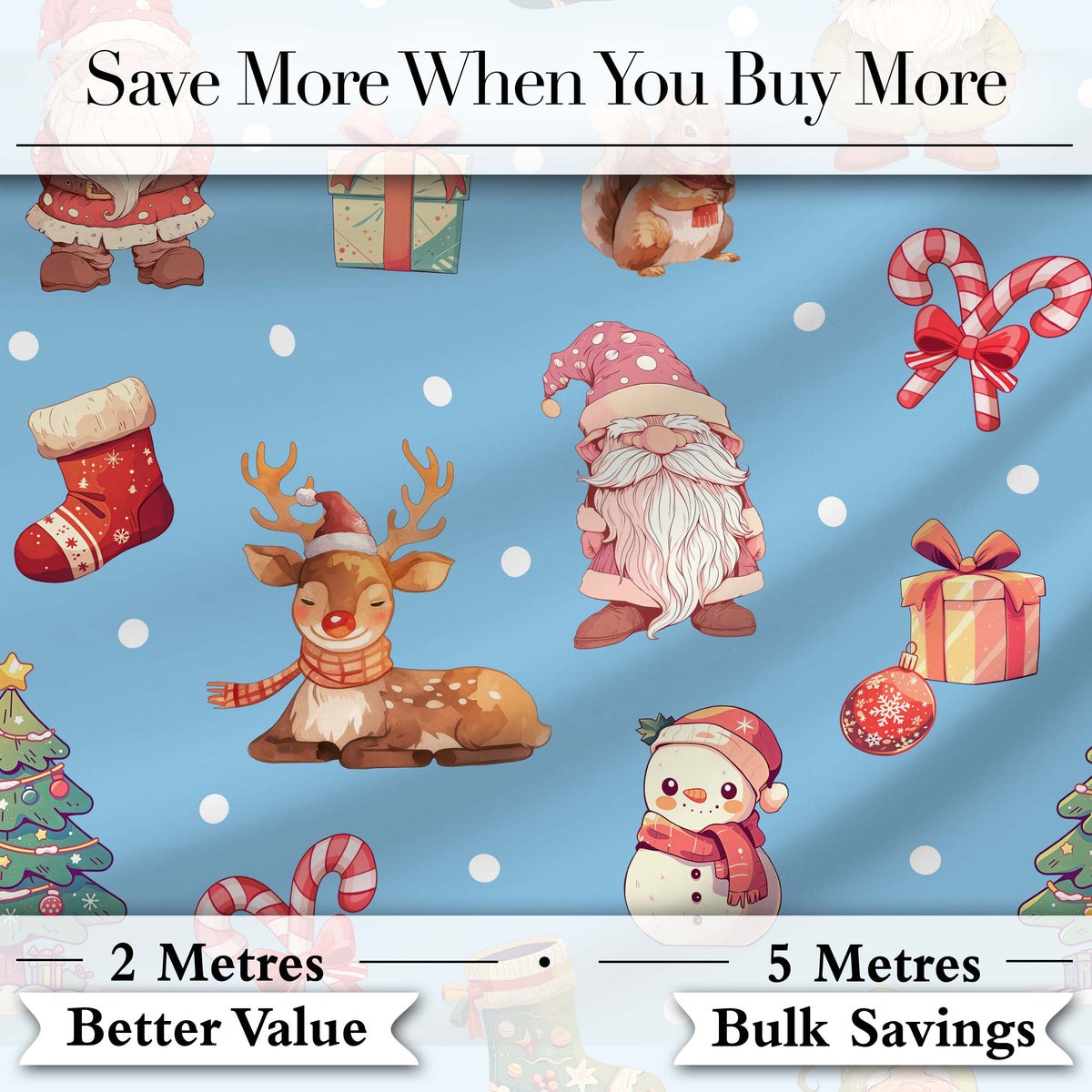 Cute Christmas Gnome Reindeer Snowman Gift Blue Background Seamless Pattern Digital Print Fabric by the Metre UK Sewing Quilting Textile