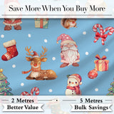 Cute Christmas Gnome Reindeer Snowman Gift Blue Background Seamless Pattern Digital Print Fabric by the Metre UK Sewing Quilting Textile