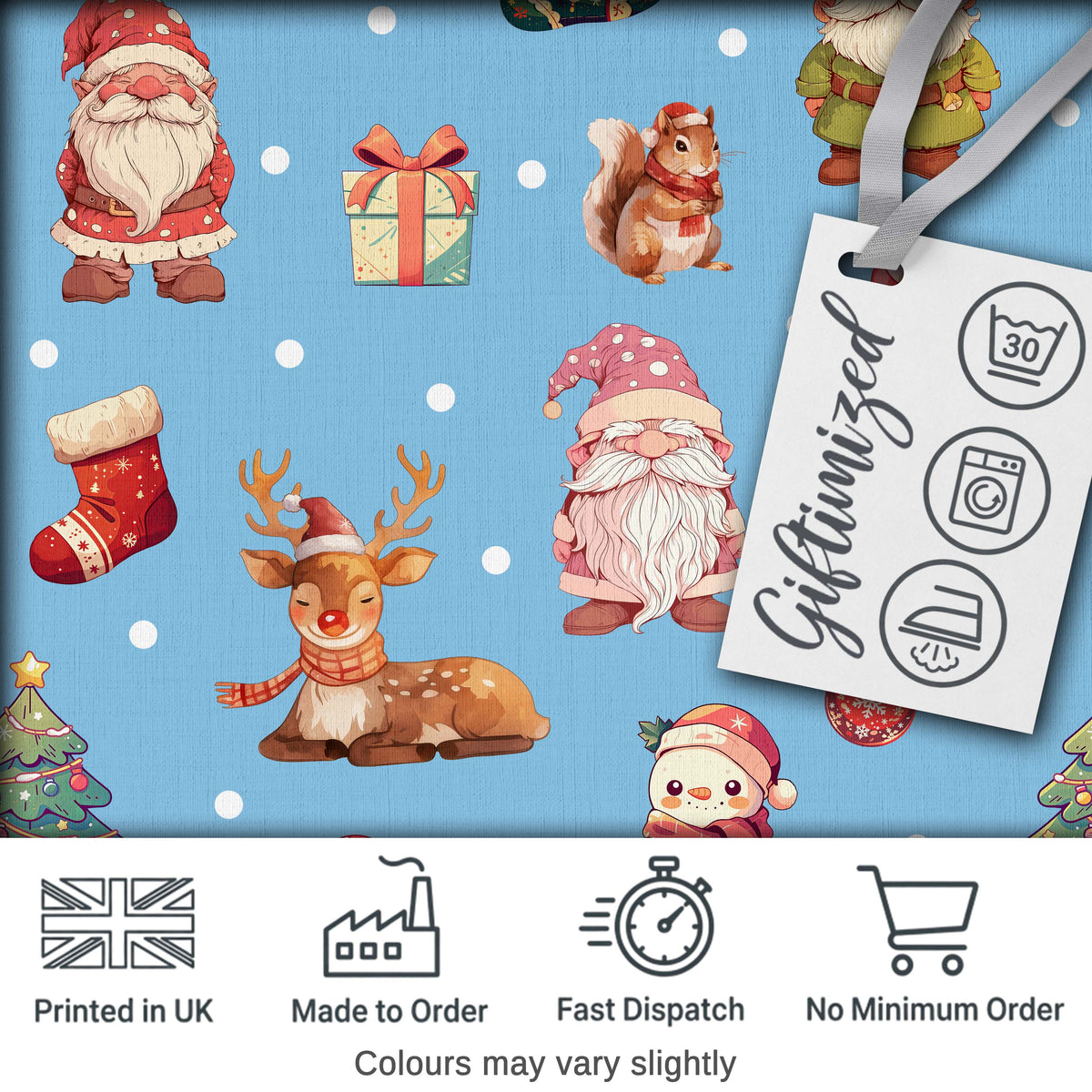 Cute Christmas Gnome Reindeer Snowman Gift Blue Background Seamless Pattern Digital Print Fabric by the Metre UK Sewing Quilting Textile