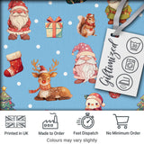 Cute Christmas Gnome Reindeer Snowman Gift Blue Background Seamless Pattern Digital Print Fabric by the Metre UK Sewing Quilting Textile