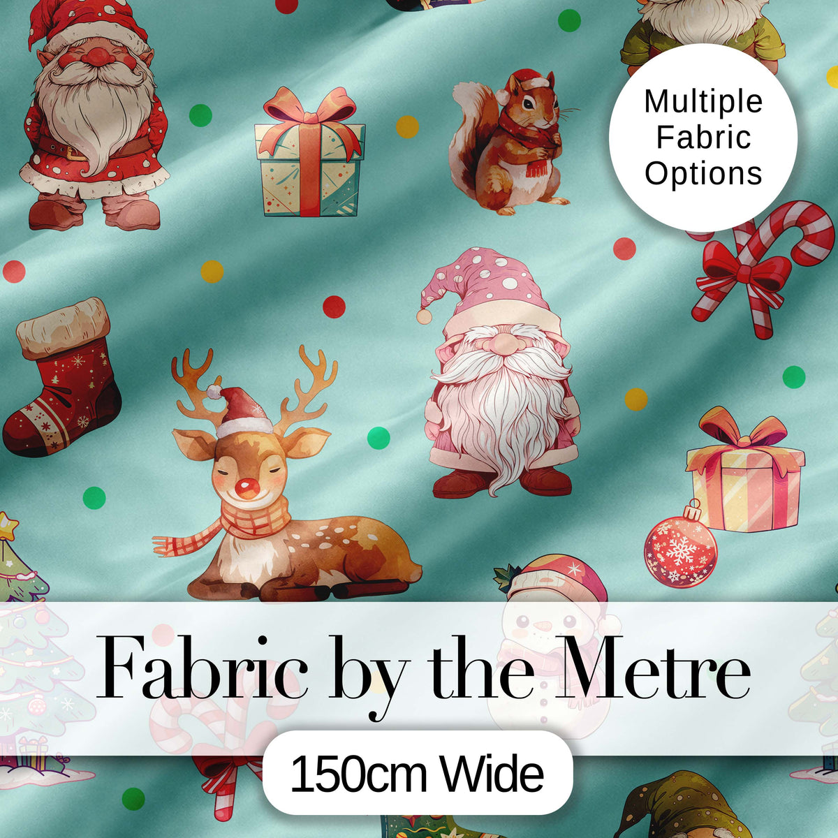 Cute Christmas Gnome Reindeer Snowman Gift Teal Background Seamless Pattern Digital Print Fabric by the Metre UK Sewing Quilting Textile