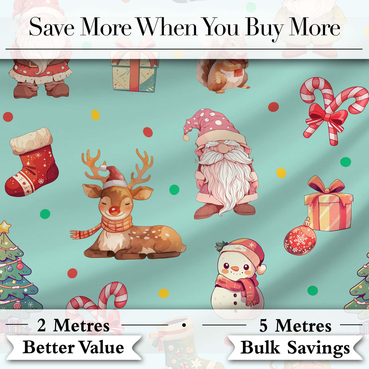 Cute Christmas Gnome Reindeer Snowman Gift Teal Background Seamless Pattern Digital Print Fabric by the Metre UK Sewing Quilting Textile