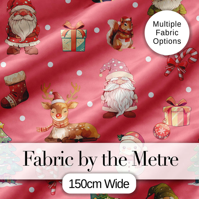 Cute Christmas Gnome Reindeer Snowman Gift Coral Background Seamless Pattern Digital Print Fabric by the Metre UK Sewing Quilting Textile