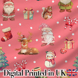 Cute Christmas Gnome Reindeer Snowman Gift Coral Background Seamless Pattern Digital Print Fabric by the Metre UK Sewing Quilting Textile