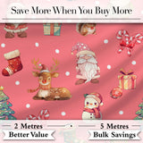 Cute Christmas Gnome Reindeer Snowman Gift Coral Background Seamless Pattern Digital Print Fabric by the Metre UK Sewing Quilting Textile