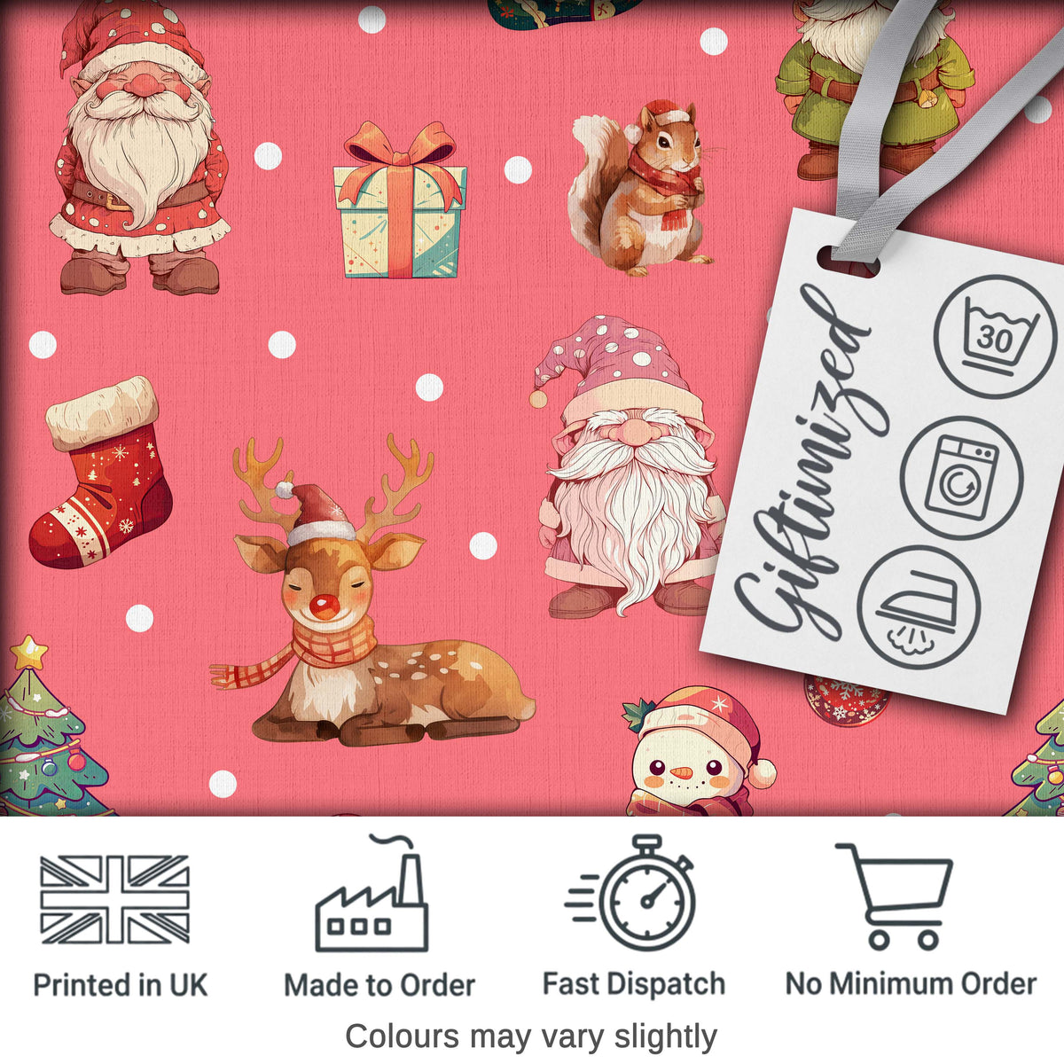 Cute Christmas Gnome Reindeer Snowman Gift Coral Background Seamless Pattern Digital Print Fabric by the Metre UK Sewing Quilting Textile