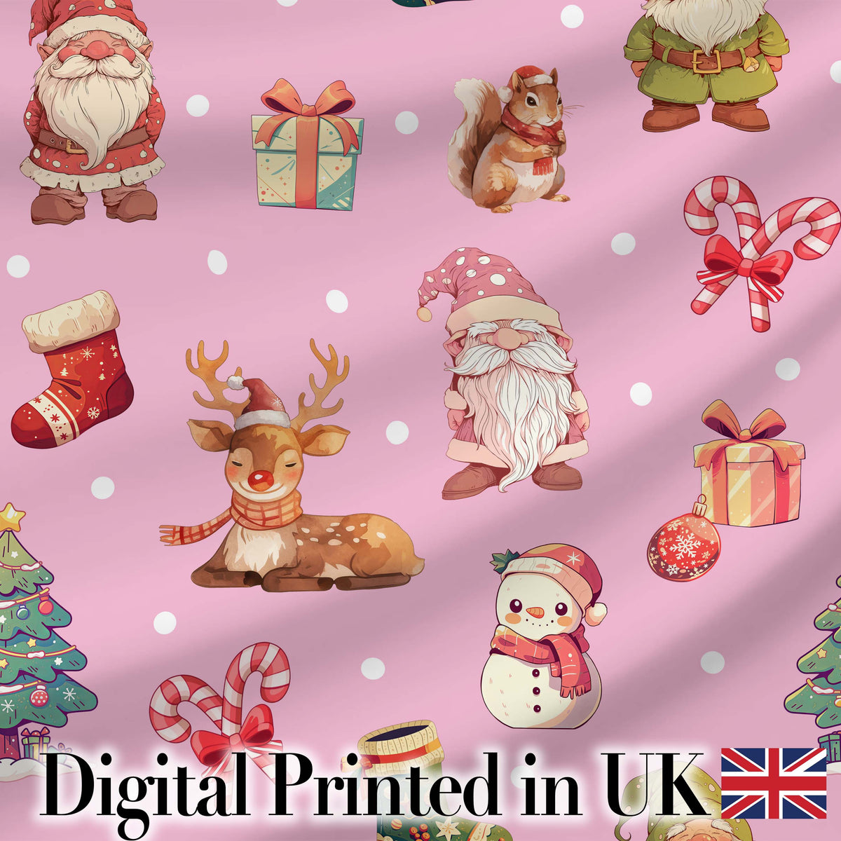 Cute Christmas Deer Squirrel Leaves Gift Pattern Pink Background Seamless Digital Print Fabric by the Metre UK Sewing Quilting Textile
