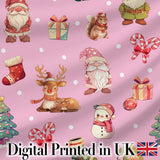 Cute Christmas Deer Squirrel Leaves Gift Pattern Pink Background Seamless Digital Print Fabric by the Metre UK Sewing Quilting Textile