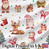 Cute Christmas Deer Squirrel Leaves Gift Pattern Grey Background Seamless Digital Print Fabric by the Metre UK Sewing Quilting Textile
