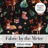 Cute Christmas Deer Squirrel Leaves Gift Pattern Black Background Seamless Digital Print Fabric by the Metre UK Sewing Quilting Textile