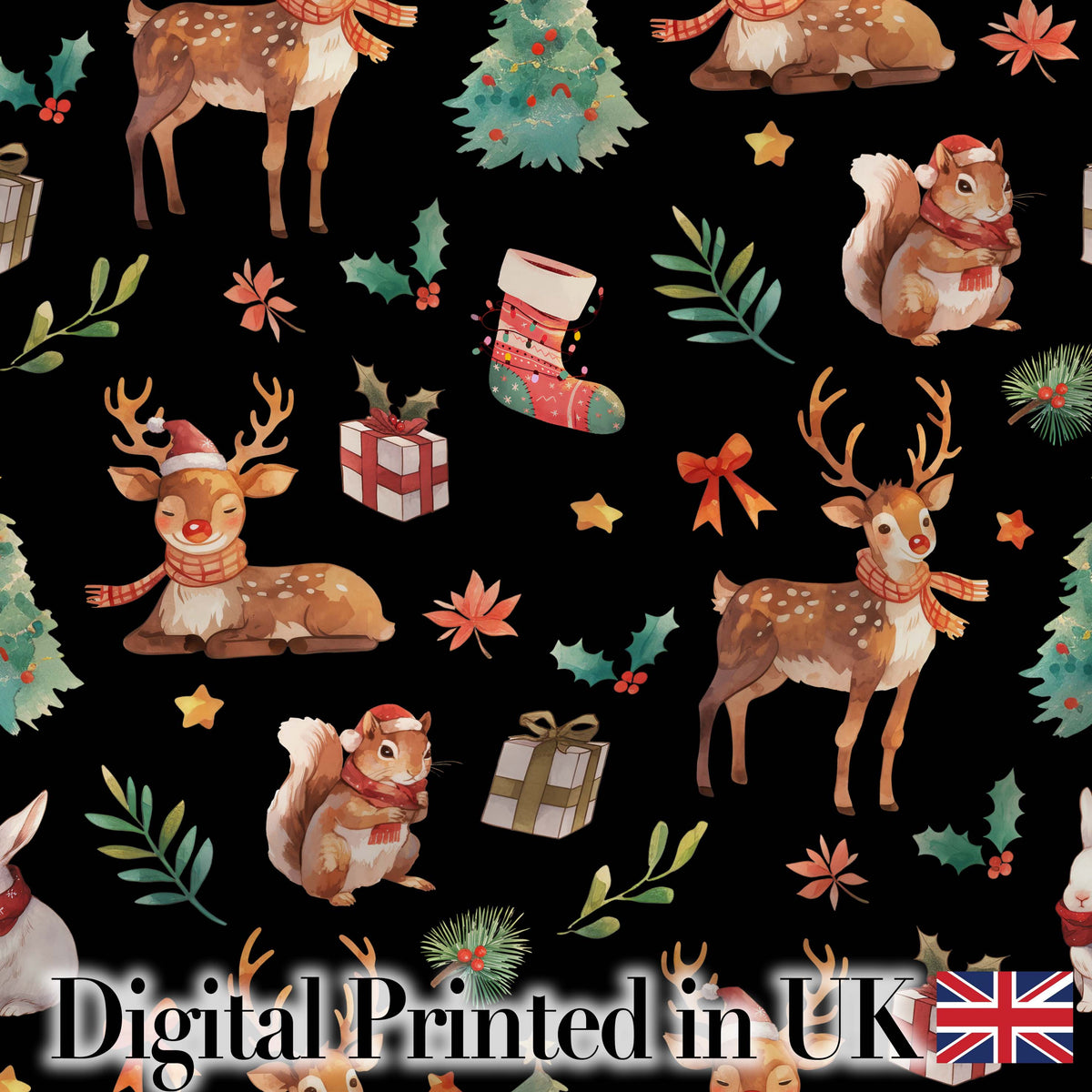 Cute Christmas Deer Squirrel Leaves Gift Pattern Black Background Seamless Digital Print Fabric by the Metre UK Sewing Quilting Textile