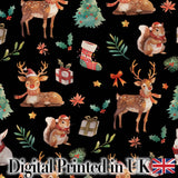 Cute Christmas Deer Squirrel Leaves Gift Pattern Black Background Seamless Digital Print Fabric by the Metre UK Sewing Quilting Textile