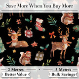 Cute Christmas Deer Squirrel Leaves Gift Pattern Black Background Seamless Digital Print Fabric by the Metre UK Sewing Quilting Textile