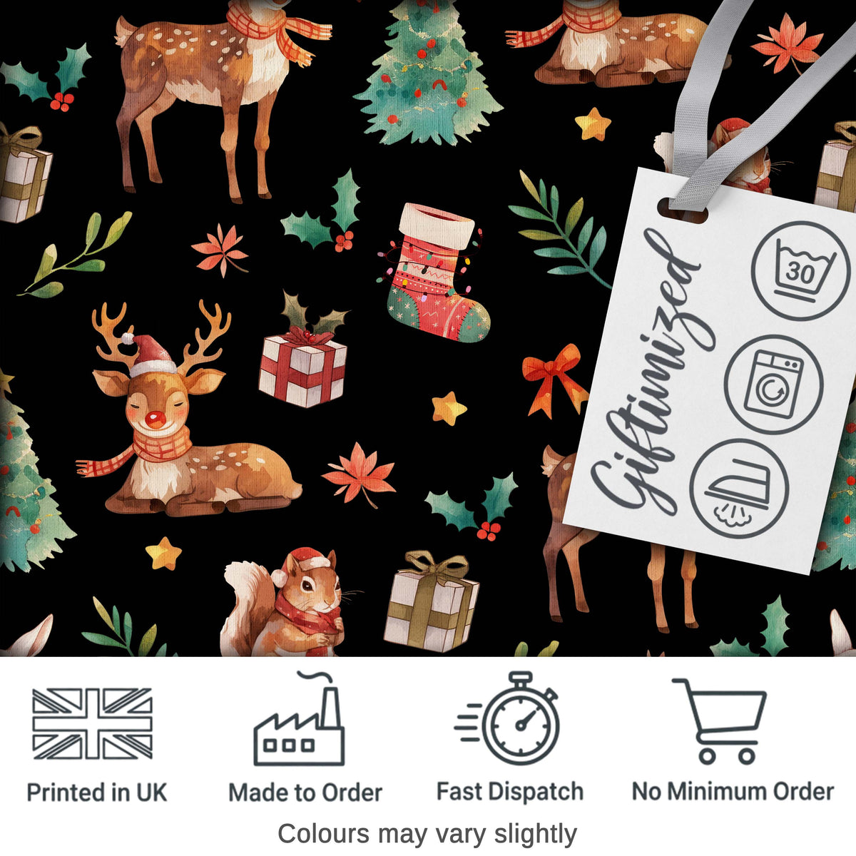 Cute Christmas Deer Squirrel Leaves Gift Pattern Black Background Seamless Digital Print Fabric by the Metre UK Sewing Quilting Textile