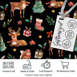 Cute Christmas Deer Squirrel Leaves Gift Pattern Black Background Seamless Digital Print Fabric by the Metre UK Sewing Quilting Textile