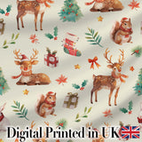 Cute Christmas Deer Squirrel Leaves Gift Pattern Cream Background Seamless Digital Print Fabric by the Metre UK Sewing Quilting Textile