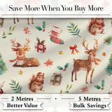 Cute Christmas Deer Squirrel Leaves Gift Pattern Cream Background Seamless Digital Print Fabric by the Metre UK Sewing Quilting Textile
