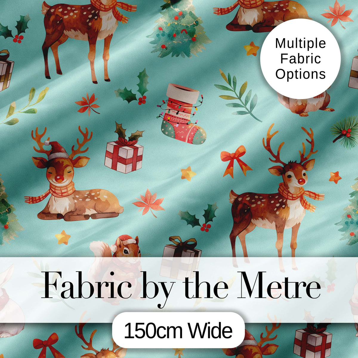 Cute Christmas Deer Squirrel Leaves Gift Pattern Teal Background Seamless Digital Print Fabric by the Metre UK Sewing Quilting Textile