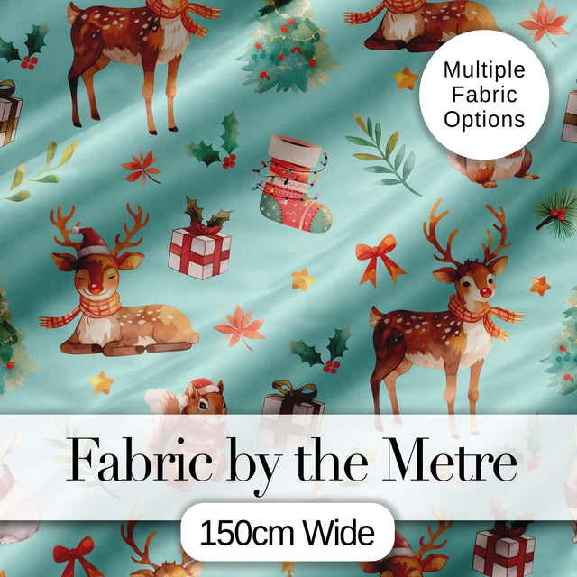 Cute Christmas Deer Squirrel Leaves Gift Pattern Teal Background Seamless Digital Print Fabric by the Metre UK Sewing Quilting Textile