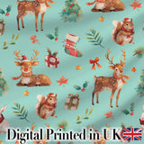 Cute Christmas Deer Squirrel Leaves Gift Pattern Teal Background Seamless Digital Print Fabric by the Metre UK Sewing Quilting Textile