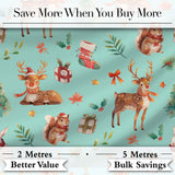 Cute Christmas Deer Squirrel Leaves Gift Pattern Teal Background Seamless Digital Print Fabric by the Metre UK Sewing Quilting Textile
