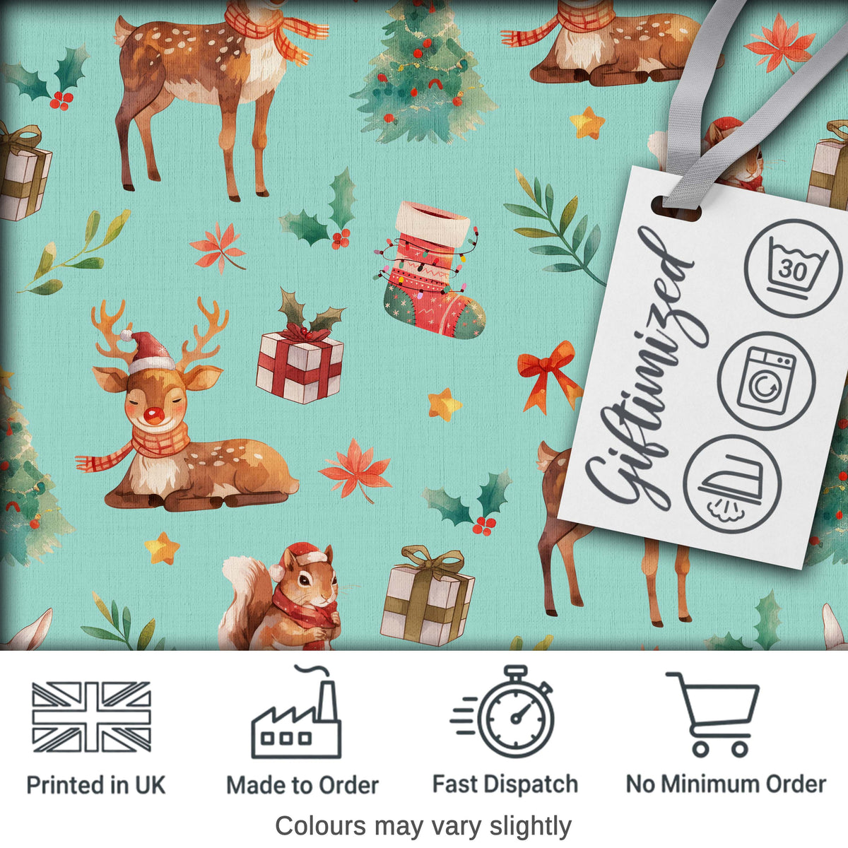 Cute Christmas Deer Squirrel Leaves Gift Pattern Teal Background Seamless Digital Print Fabric by the Metre UK Sewing Quilting Textile