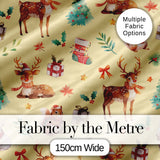 Cute Christmas Deer Squirrel Leaves Gift Pattern Yellow Background Seamless Digital Print Fabric by the Metre UK Sewing Quilting Textile
