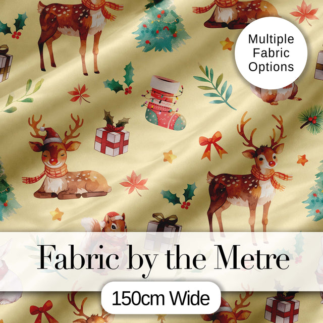 Cute Christmas Deer Squirrel Leaves Gift Pattern Yellow Background Seamless Digital Print Fabric by the Metre UK Sewing Quilting Textile